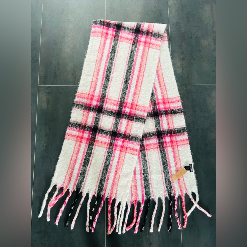 Steve Madden Pink and Black Plaid Scarf with Fringe